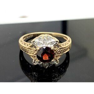 Red Gemstone Diamond Cocktail Ring 10k Yellow Gold Women's Estate Size 9
